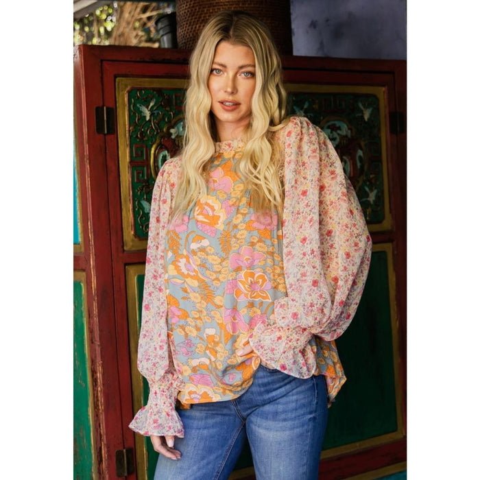 Womens Dusty Sage Floral Print Top