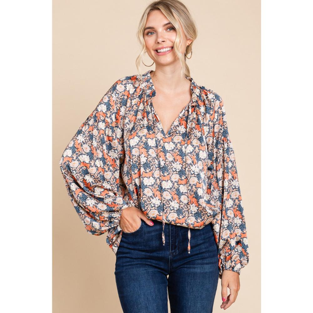 Jodifl Womens Rust Satin Floral Print Top