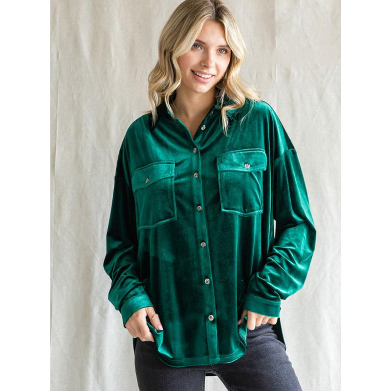 Jodifl Womens Green Velvet Button Up Top