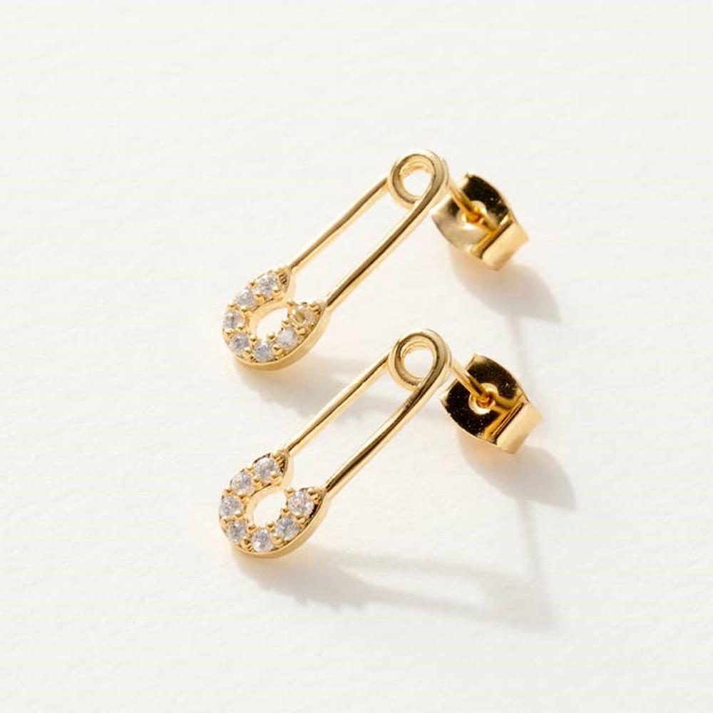 TwoBirch 18k Yellow Gold Color Safety Pin Design Earrings with CZ Diamond  Simulants in 925 Silver with Gold Plating on Posts with Tension Backs