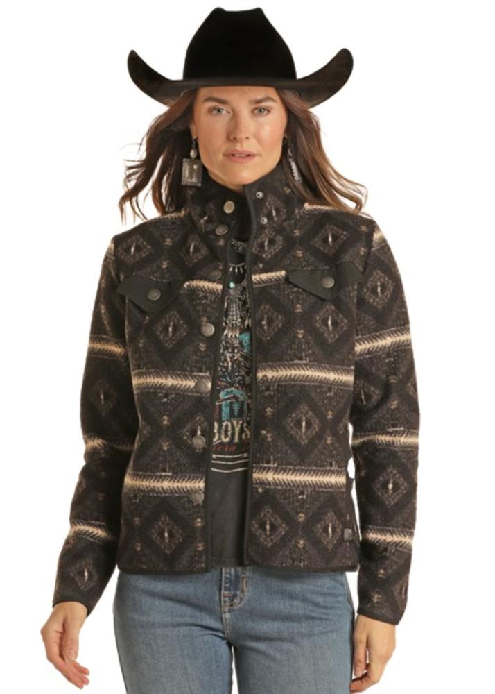 Women's Charcoal Aztec Printed Berber Jacket