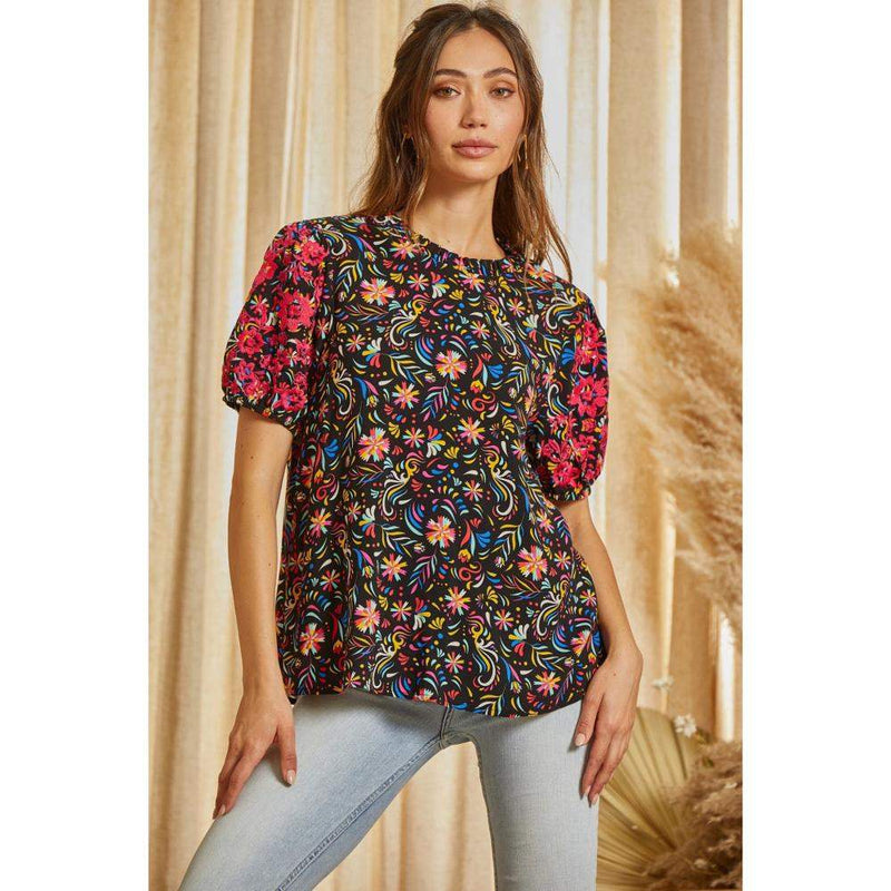 Andree By Unit Womens Black and Pink Print Top