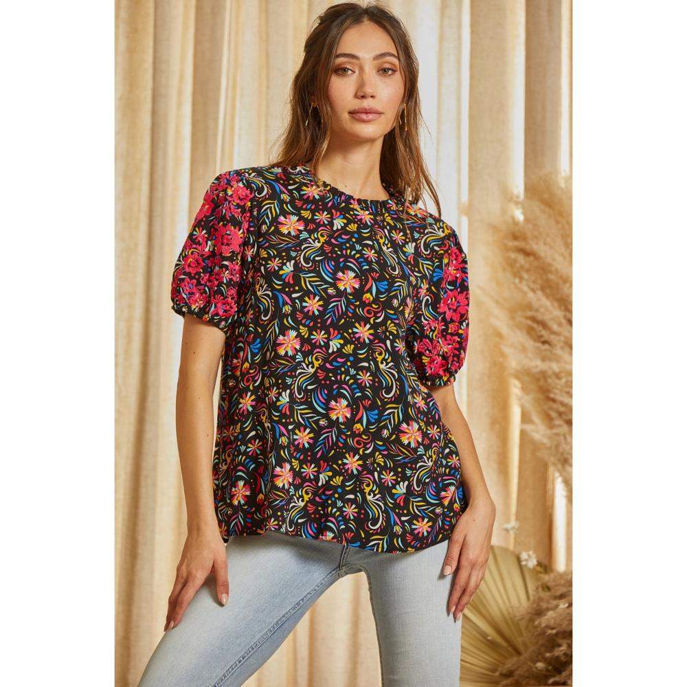 Andree By Unit Womens Black and Pink Print Top Andree By Unit Womens Black and Pink Print Top
