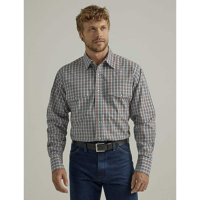 Wrangler Mens Wrinkle Resist Brown Long Sleeve Snap Shirt