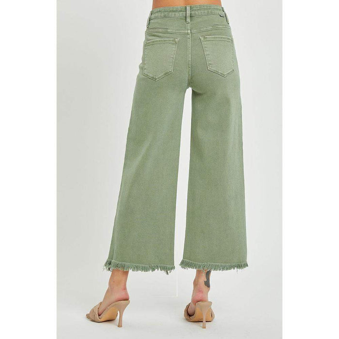Risen Jeans Womens Olive Tummy Control Wide Leg Crop Jean