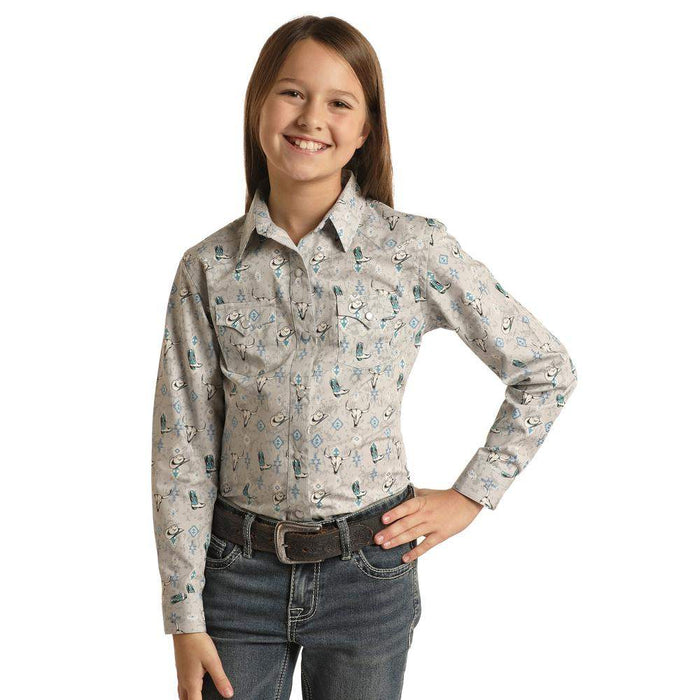 Panhandle Girls Distress Novelty Print Long Sleeve Snap