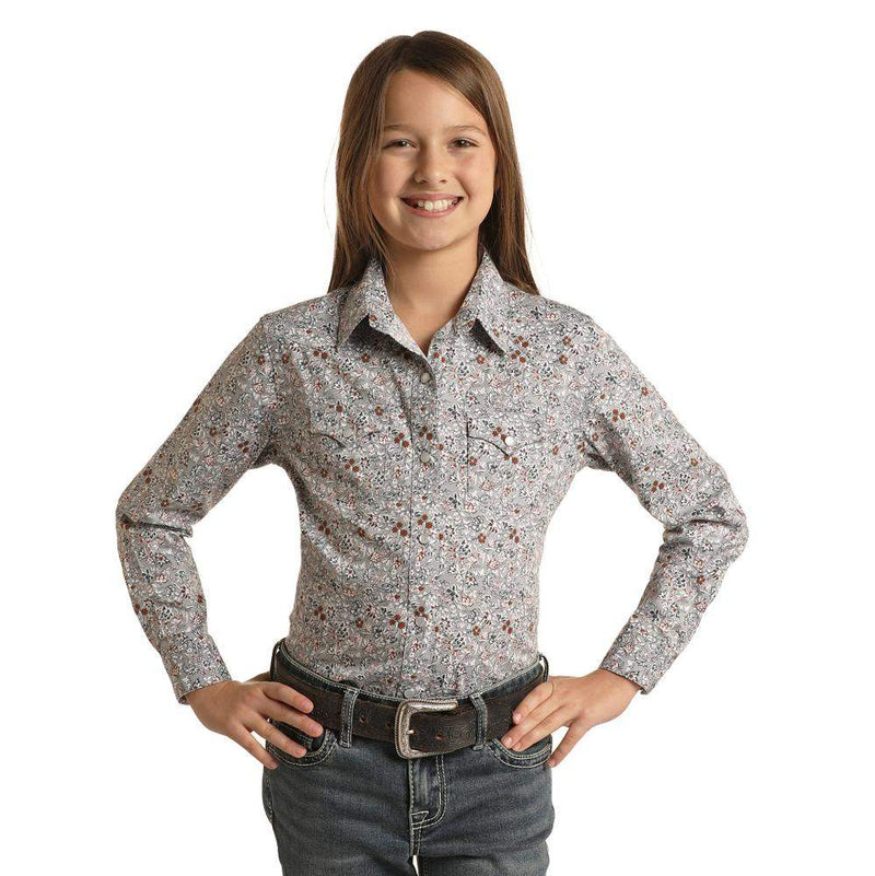 Panhandle Girls Micro Floral Print Long Sleeve Snap