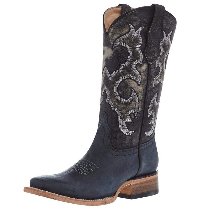 Kids Black Embroidery Square Toe Boot