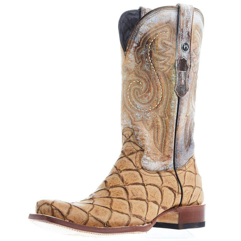Tanner Mark Boots Mens Honey Monster Fish Print 12in Antique Saddle Top Cowboy Boot