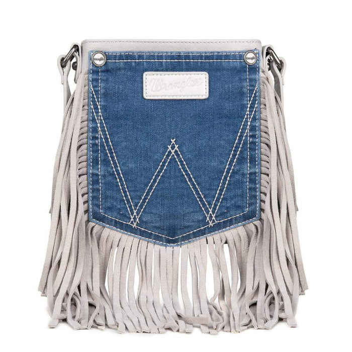 Wrangler White Leather Fringe Jean Denim Pocket Crossbody