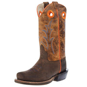 Childrens Dark Brown Bull Hide Print Cutter Toe with Burnt Orange Top Boot