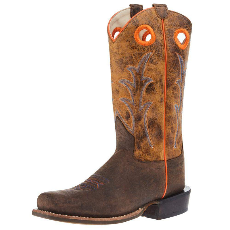 Youth Dark Brown Bull Hide Print Cutter Toe with Burnt Orange Top