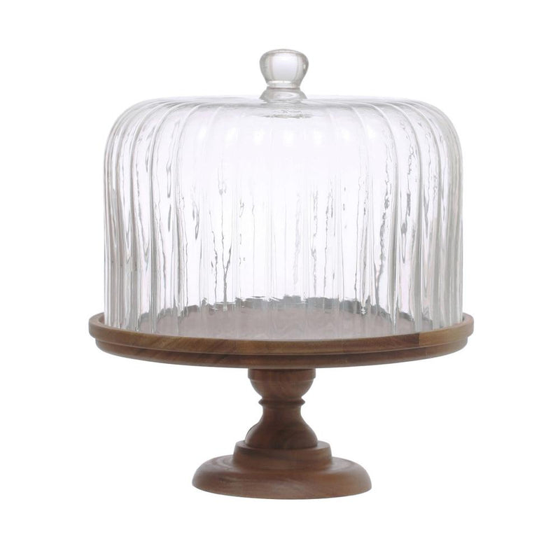 Acacia Wood Pedestal with Fluted Glass Cloche