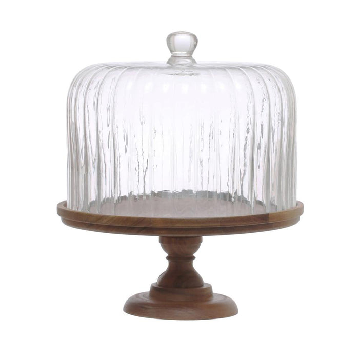 Acacia Wood Pedestal with Fluted Glass Cloche