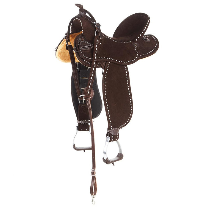 Chocolate Roughout 14 Inch Lightweight Barrel Saddle with White Buckstitch