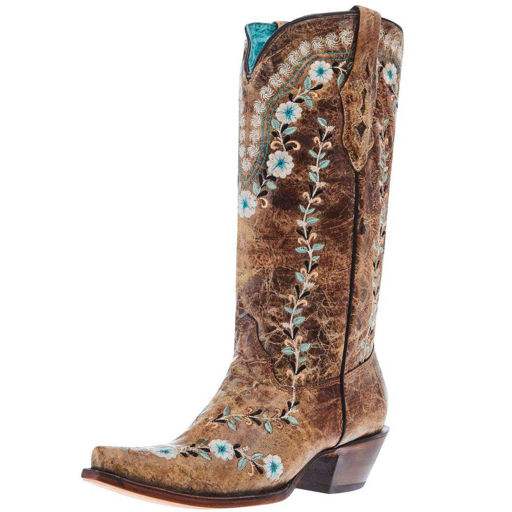 Corral Women's Cognac Flowered Embroidery 13 In Top Snip Toe Cowgirl B
