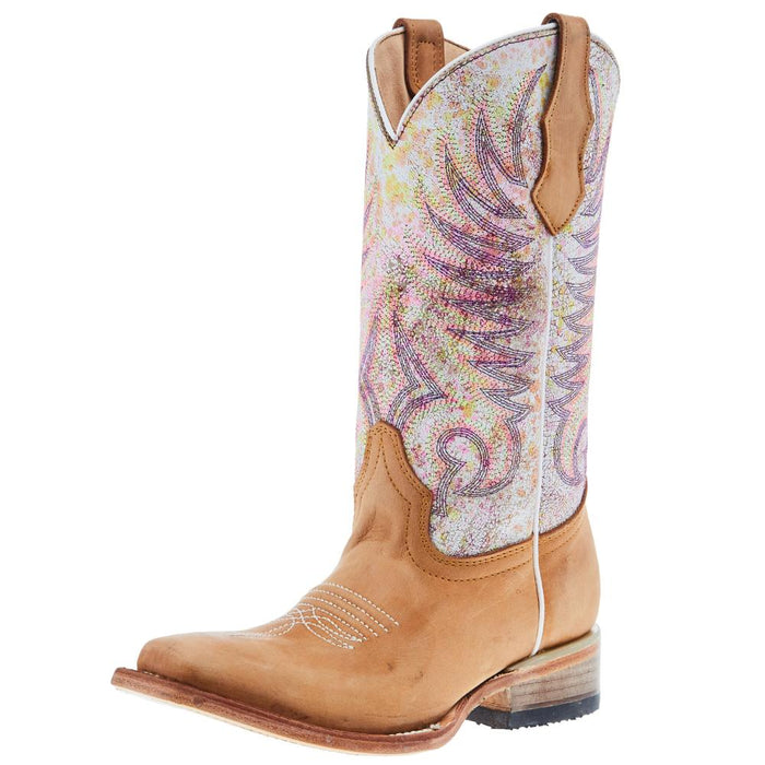 Kids Tan/White Embroidery Square Toe Boot