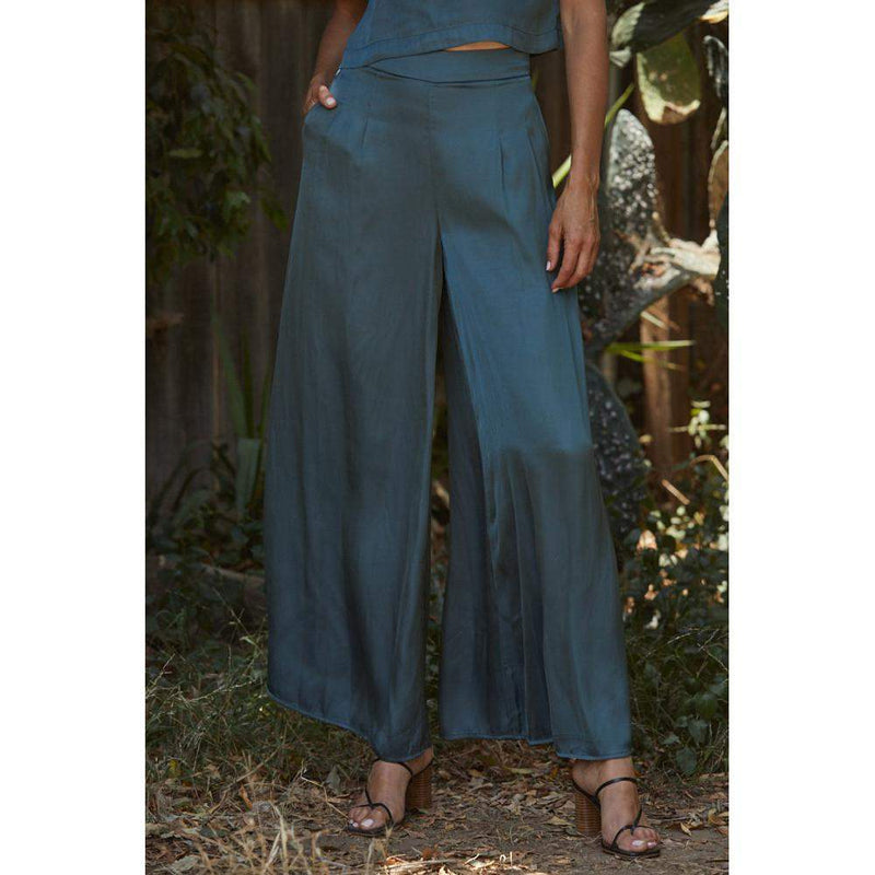 By Together Apparel Women's Green Satin Wide Leg Pants