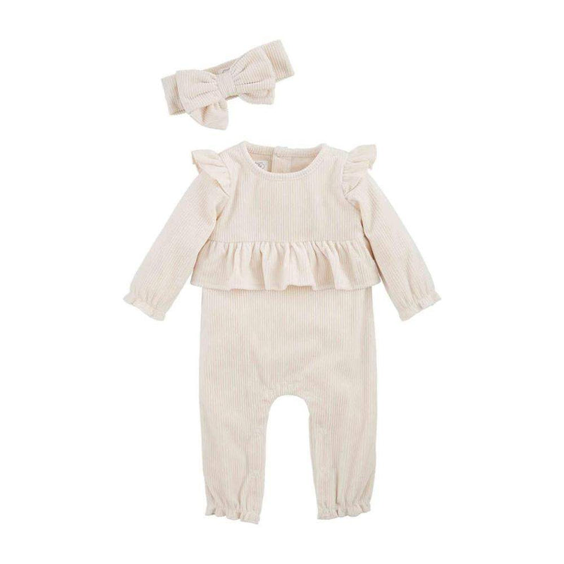 Mud Pie Baby Girl Cream Velour Bodysuit Set