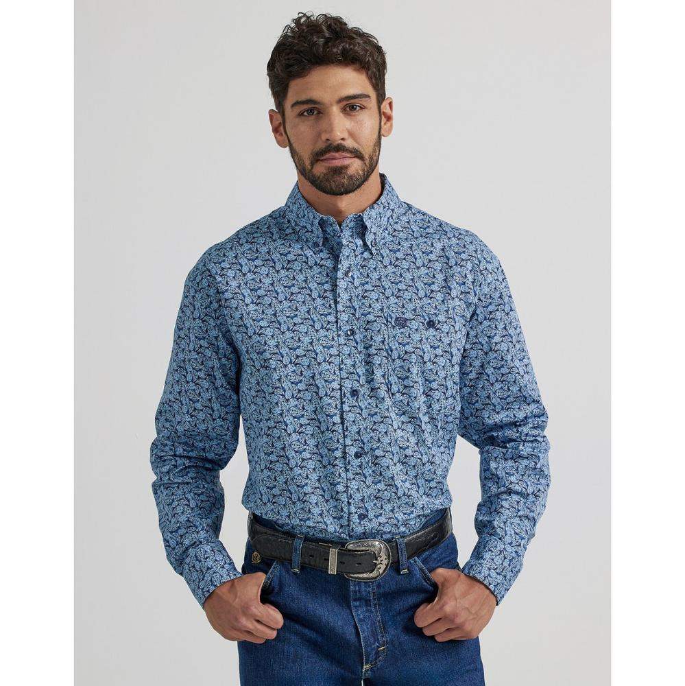 Men's Wrangler® George Strait™ Long Sleeve Button Down One Pocket Shirt in Brown Starburst