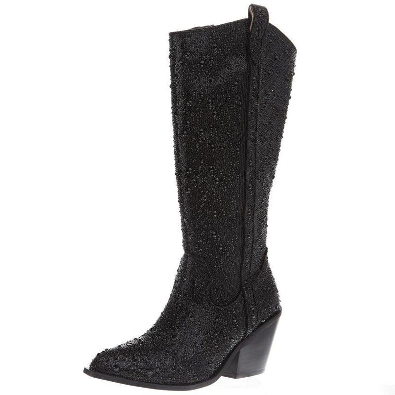 Women`s Glitzy Black Rhinestones Fashion Boot