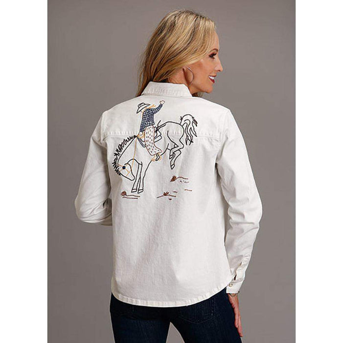 Stetson Apparel Womens Boyfriend Fit Bronc Embroidered White Denim Shirt