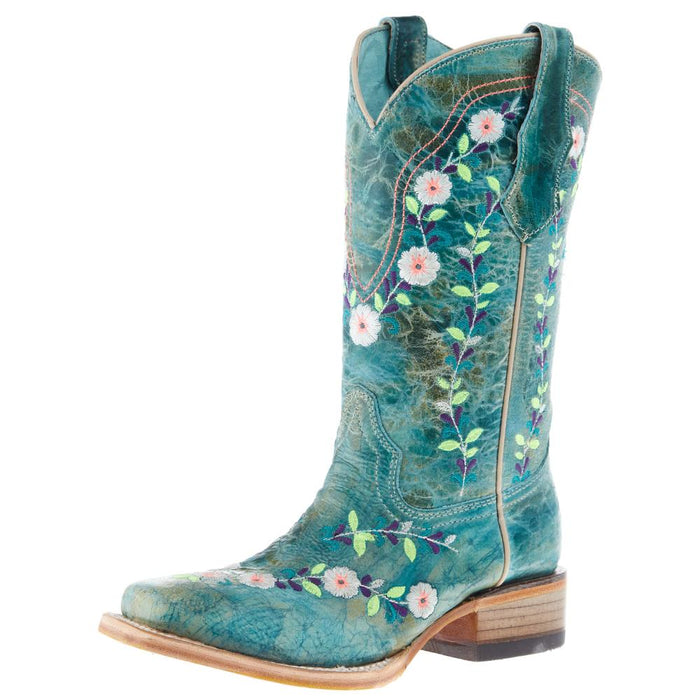 Kids Turquoise Flowered Embroidery 10 In Turquoise Crater Top Boot