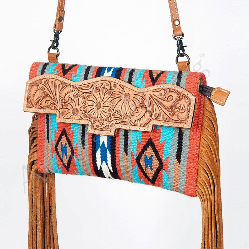 Orange Aztec Tooled Leather Crossbody