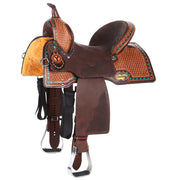 Montana 14 Inch Vintage Chocolate Barrel Saddle with Turquoise Buckstitch