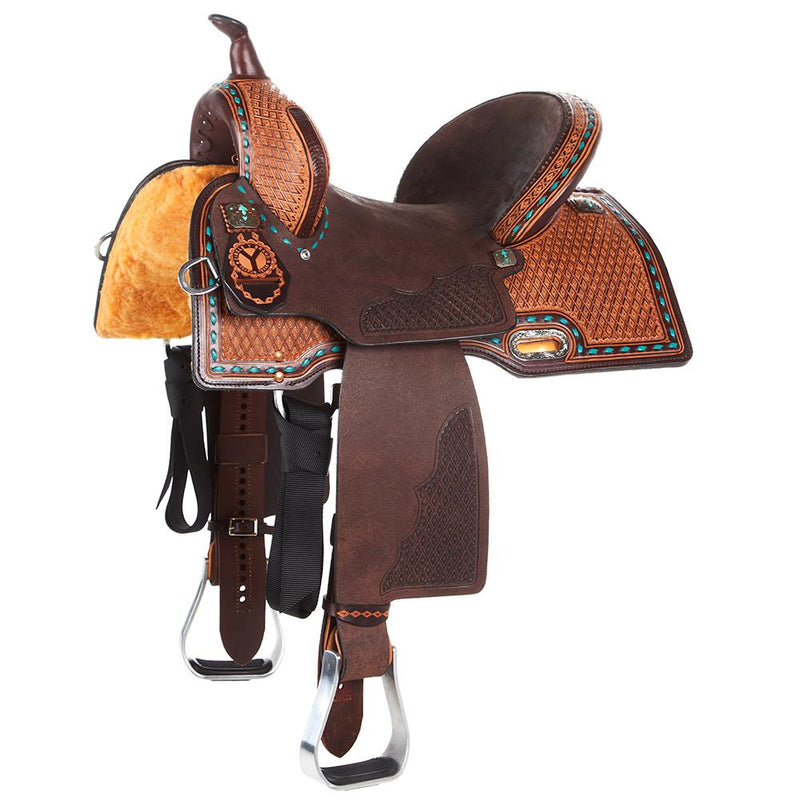 Montana 14 Inch Vintage Chocolate Barrel Saddle with Turquoise Buckstitch