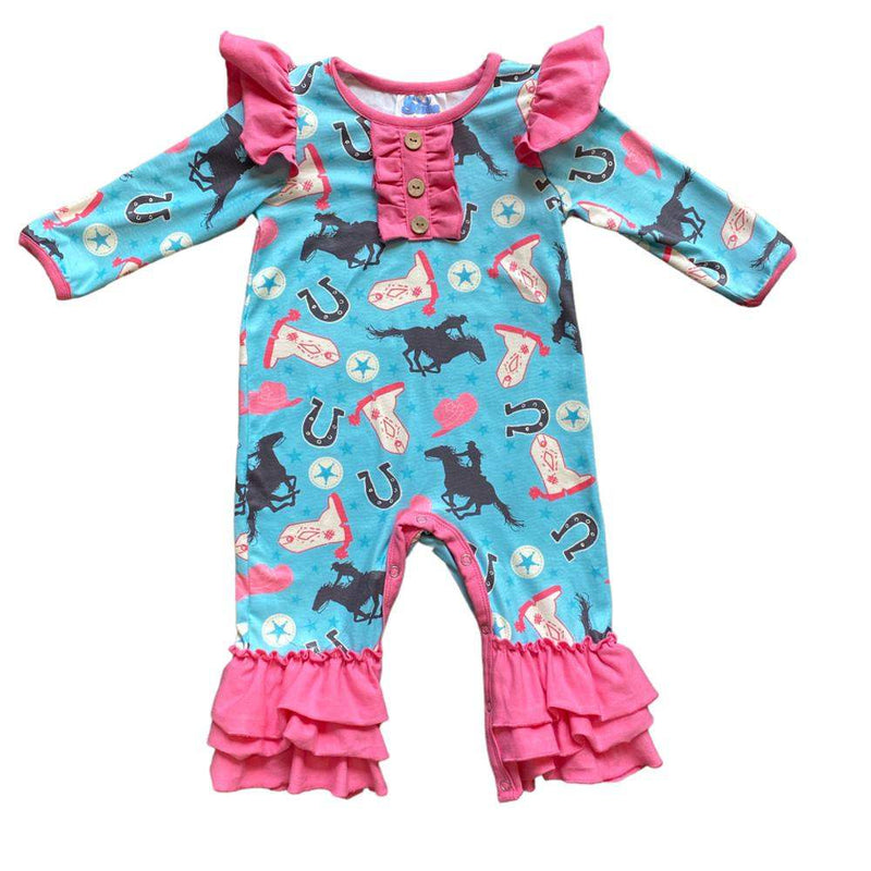 Shea Baby Turquoise Running Horse Romper