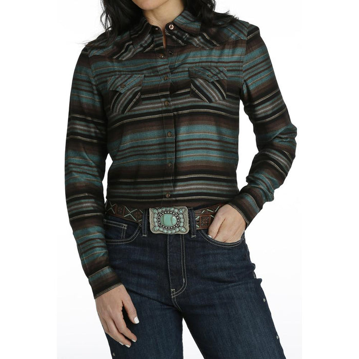 Women's Teal Striped Long Sleeve Snap Shirt