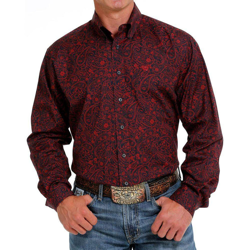 Cinch Mens Red and Navy Paisley Print Shirt