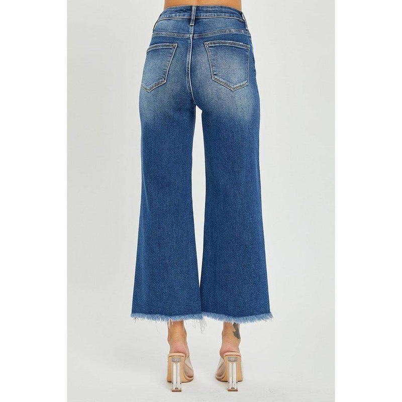 Women's High Rise Frayed Ankle Wide Leg Jeans