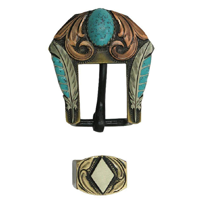 Oval Turquoise Stone and Feather 3/4 Inch Buckle Set