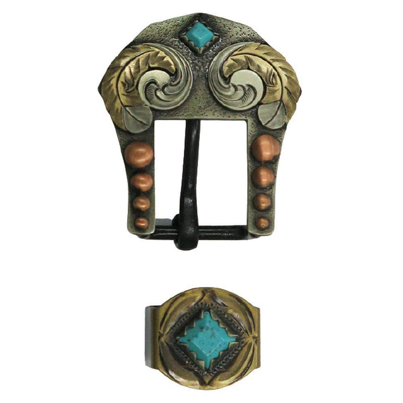 Turquoise Diamond Stone and Swirl Feather 3/4 Inch Buckle Set