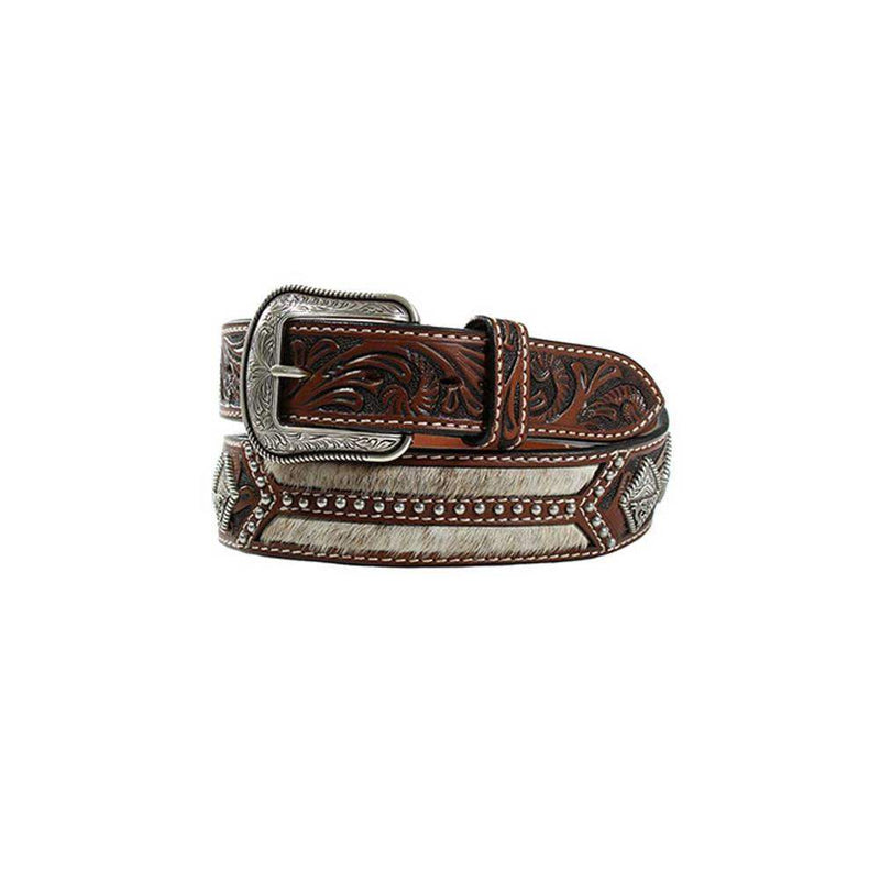 Mens 3D Tooled Concho Calf Hair Belt