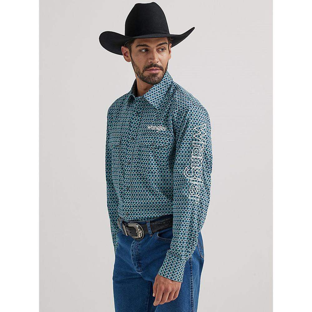Men's Wrangler Logo Long Sleeve Western Snap Shirt-Peacock