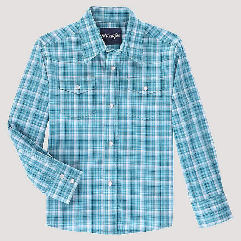 Wrangler Boy's Blue Plaid Wrinkle Resist Snap Shirt
