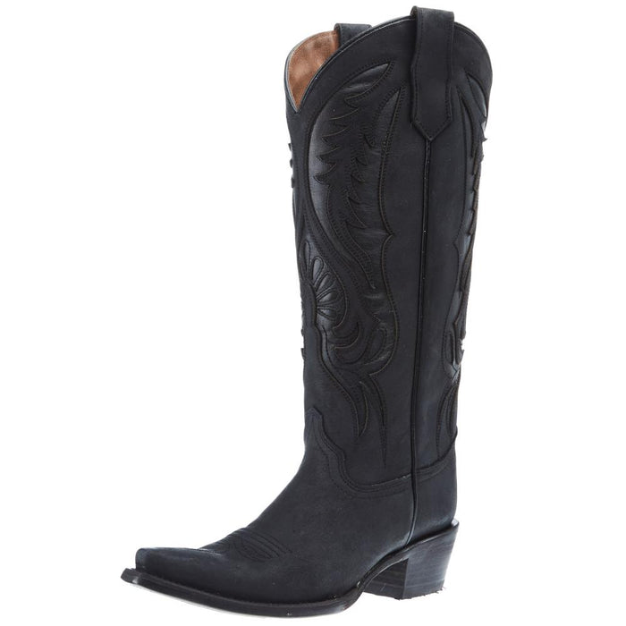 Womens Black Inlay Embroidery 14 In Top Snip Toe Cowgirl Boot