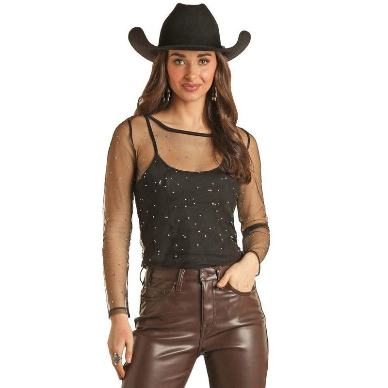 Rock & Roll Denim Womens Mesh Rhinestone Top