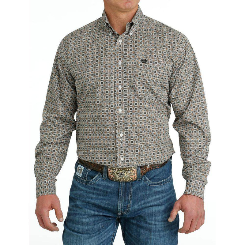 Men's White Print Button Down Shirt