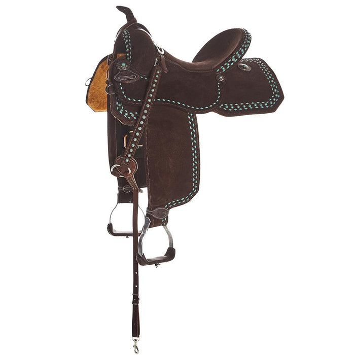 13.5 Inch Chocolate Roughout Barrel Saddle with Turquoise Buckstitch an