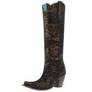Womens Black And Gold Stamped Floral Suede 16in Top Snip Toe Cowgirl Boot