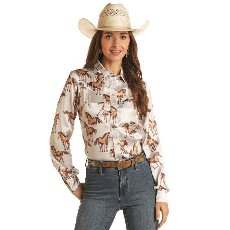 Rock & Roll Denim Women's West Desperado Satin Horse Print Shirt