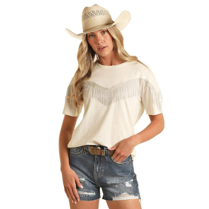 Rock & Roll Denim Women's Chain Fringe White Tee