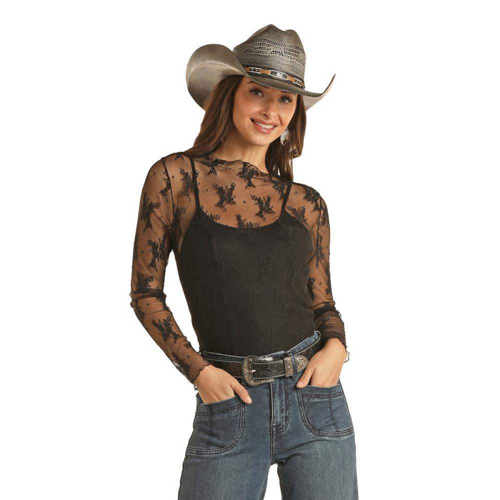 Women's Black Mesh Lace Top