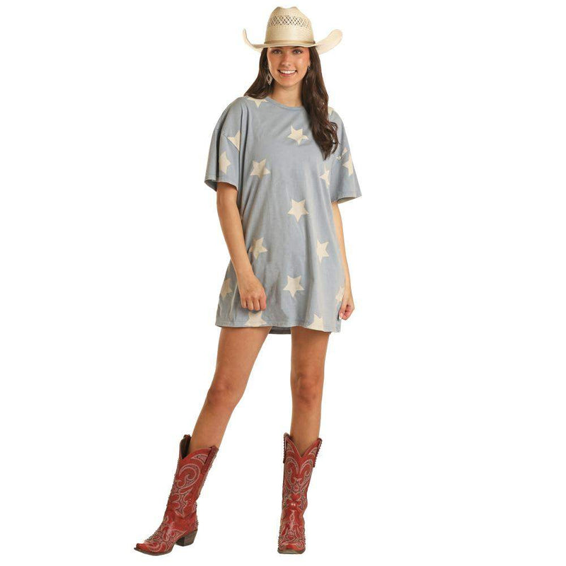 Rock & Roll Denim Women's Sky Blue Star Print T-Shirt Dress