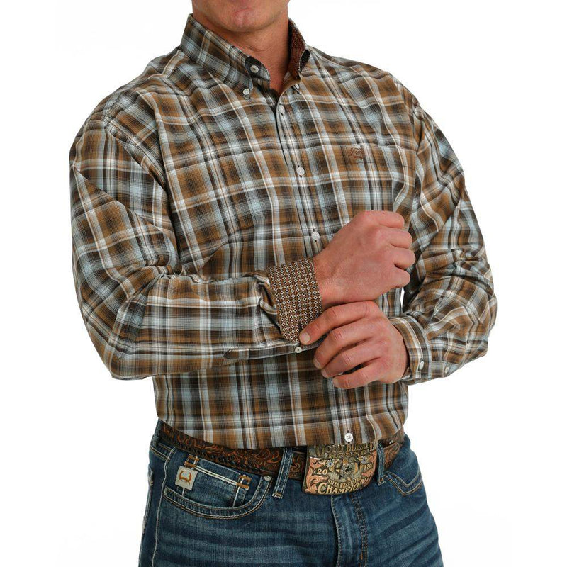 Men's Classic Fit Brown Plaid Button Down