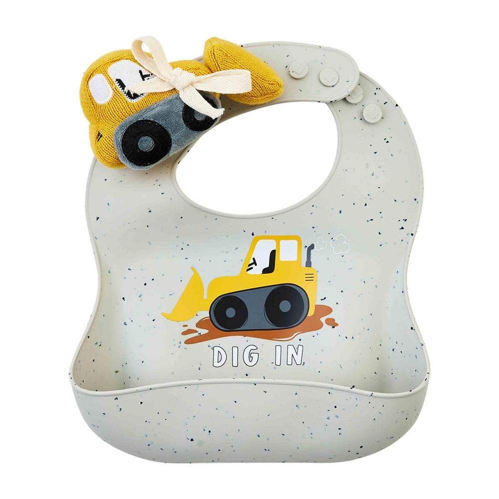 Mud Pie Bulldozer Silicone Bib and Rattle Set